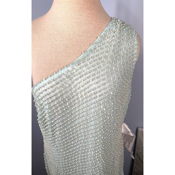 Mac Duggal One Shoulder Asymmetrical Sequin Pearl Sea Foam Green Gown Size 12 - Picture 6 of 14